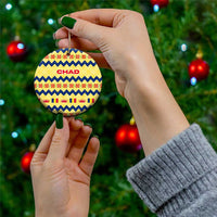 Chad Christmas Ceramic Ornament with Yellow-Blue Geometric Design, National Coat of Arms, and Festive Motif - Wonder Print Shop