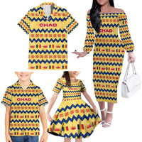 Chad Christmas Family Matching Off The Shoulder Long Sleeve Dress and Hawaiian Shirt with Yellow-Blue Geometric Design, National Coat of Arms, and Festive Motif - Wonder Print Shop