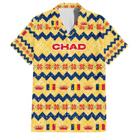 Chad Christmas Family Matching Off The Shoulder Long Sleeve Dress and Hawaiian Shirt with Yellow-Blue Geometric Design, National Coat of Arms, and Festive Motif - Wonder Print Shop