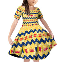 Chad Christmas Family Matching Off Shoulder Short Dress and Hawaiian Shirt with Yellow-Blue Geometric Design, National Coat of Arms, and Festive Motif - Wonder Print Shop