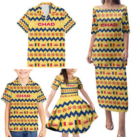 Chad Christmas Family Matching Puletasi and Hawaiian Shirt with Yellow-Blue Geometric Design, National Coat of Arms, and Festive Motif - Wonder Print Shop
