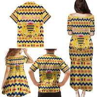 Chad Christmas Family Matching Puletasi and Hawaiian Shirt with Yellow-Blue Geometric Design, National Coat of Arms, and Festive Motif - Wonder Print Shop