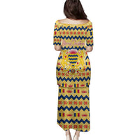 Chad Christmas Family Matching Puletasi and Hawaiian Shirt with Yellow-Blue Geometric Design, National Coat of Arms, and Festive Motif - Wonder Print Shop