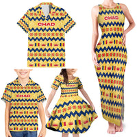 Chad Christmas Family Matching Tank Maxi Dress and Hawaiian Shirt with Yellow-Blue Geometric Design, National Coat of Arms, and Festive Motif - Wonder Print Shop