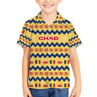 Chad Christmas Hawaiian Shirt with Yellow-Blue Geometric Design, National Coat of Arms, and Festive Motif - Wonder Print Shop