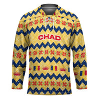 Chad Christmas Hockey Jersey with Yellow-Blue Geometric Design, National Coat of Arms, and Festive Motif - Wonder Print Shop