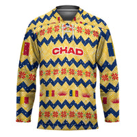 Chad Christmas Hockey Jersey with Yellow-Blue Geometric Design, National Coat of Arms, and Festive Motif - Wonder Print Shop