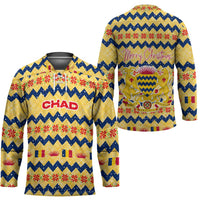Chad Christmas Hockey Jersey with Yellow-Blue Geometric Design, National Coat of Arms, and Festive Motif - Wonder Print Shop