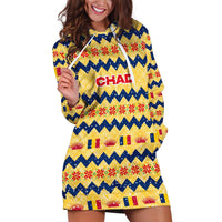 Chad Christmas Hoodie Dress with Yellow-Blue Geometric Design, National Coat of Arms, and Festive Motif - Wonder Print Shop