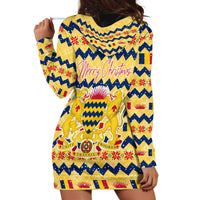 Chad Christmas Hoodie Dress with Yellow-Blue Geometric Design, National Coat of Arms, and Festive Motif - Wonder Print Shop
