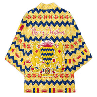 Chad Christmas Kimono with Yellow-Blue Geometric Design, National Coat of Arms, and Festive Motif - Wonder Print Shop