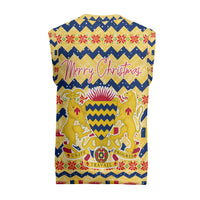 Chad Christmas Knitted V-Neck Vest with Yellow-Blue Geometric Design, National Coat of Arms, and Festive Motif - Wonder Print Shop