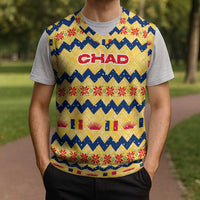 Chad Christmas Knitted V-Neck Vest with Yellow-Blue Geometric Design, National Coat of Arms, and Festive Motif - Wonder Print Shop