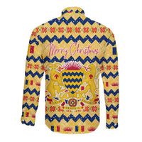 Chad Christmas Long Sleeve Button Shirt with Yellow-Blue Geometric Design, National Coat of Arms, and Festive Motif - Wonder Print Shop