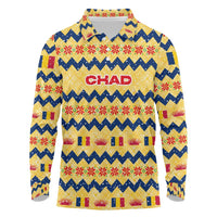 Chad Christmas Long Sleeve Polo Shirt with Yellow-Blue Geometric Design, National Coat of Arms, and Festive Motif - Wonder Print Shop
