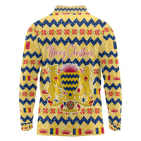 Chad Christmas Long Sleeve Polo Shirt with Yellow-Blue Geometric Design, National Coat of Arms, and Festive Motif - Wonder Print Shop