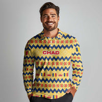 Chad Christmas Long Sleeve Polo Shirt with Yellow-Blue Geometric Design, National Coat of Arms, and Festive Motif - Wonder Print Shop