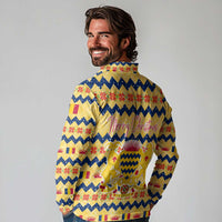 Chad Christmas Long Sleeve Polo Shirt with Yellow-Blue Geometric Design, National Coat of Arms, and Festive Motif - Wonder Print Shop