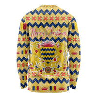 Chad Christmas Long Sleeve Shirt with Yellow-Blue Geometric Design, National Coat of Arms, and Festive Motif - Wonder Print Shop