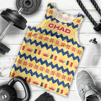 Chad Christmas Men Tank Top with Yellow-Blue Geometric Design, National Coat of Arms, and Festive Motif - Wonder Print Shop