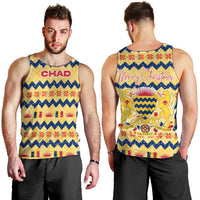 Chad Christmas Men Tank Top with Yellow-Blue Geometric Design, National Coat of Arms, and Festive Motif - Wonder Print Shop