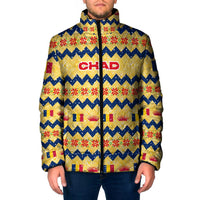 Chad Christmas Padded Jacket with Yellow-Blue Geometric Design, National Coat of Arms, and Festive Motif - Wonder Print Shop