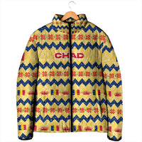 Chad Christmas Padded Jacket with Yellow-Blue Geometric Design, National Coat of Arms, and Festive Motif - Wonder Print Shop