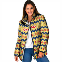 Chad Christmas Padded Jacket with Yellow-Blue Geometric Design, National Coat of Arms, and Festive Motif - Wonder Print Shop