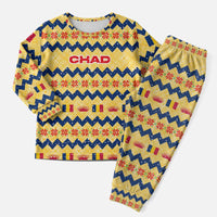 Chad Christmas Pajama Set with Yellow-Blue Geometric Design, National Coat of Arms, and Festive Motif - Wonder Print Shop
