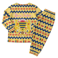 Chad Christmas Pajama Set with Yellow-Blue Geometric Design, National Coat of Arms, and Festive Motif - Wonder Print Shop