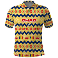 Chad Christmas Polo Shirt with Yellow-Blue Geometric Design, National Coat of Arms, and Festive Motif - Wonder Print Shop