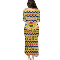 Chad Christmas Puletasi with Yellow-Blue Geometric Design, National Coat of Arms, and Festive Motif - Wonder Print Shop