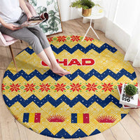 Chad Christmas Round Carpet with Yellow-Blue Geometric Design, National Coat of Arms, and Festive Motif - Wonder Print Shop
