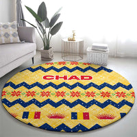 Chad Christmas Round Carpet with Yellow-Blue Geometric Design, National Coat of Arms, and Festive Motif - Wonder Print Shop