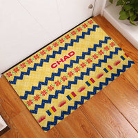 Chad Christmas Rubber Doormat with Yellow-Blue Geometric Design, National Coat of Arms, and Festive Motif - Wonder Print Shop
