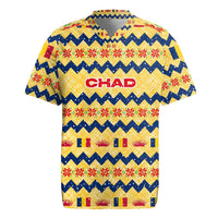Chad Christmas Rugby Jersey with Yellow-Blue Geometric Design, National Coat of Arms, and Festive Motif - Wonder Print Shop