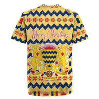 Chad Christmas Rugby Jersey with Yellow-Blue Geometric Design, National Coat of Arms, and Festive Motif - Wonder Print Shop