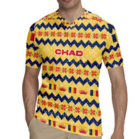 Chad Christmas Rugby Jersey with Yellow-Blue Geometric Design, National Coat of Arms, and Festive Motif - Wonder Print Shop