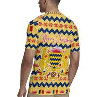 Chad Christmas Rugby Jersey with Yellow-Blue Geometric Design, National Coat of Arms, and Festive Motif - Wonder Print Shop