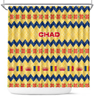 Chad Christmas Shower Curtain with Yellow-Blue Geometric Design, National Coat of Arms, and Festive Motif - Wonder Print Shop