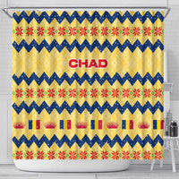 Chad Christmas Shower Curtain with Yellow-Blue Geometric Design, National Coat of Arms, and Festive Motif - Wonder Print Shop