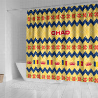 Chad Christmas Shower Curtain with Yellow-Blue Geometric Design, National Coat of Arms, and Festive Motif - Wonder Print Shop
