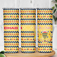 Chad Christmas Skinny Tumbler with Yellow-Blue Geometric Design, National Coat of Arms, and Festive Motif - Wonder Print Shop