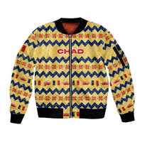 Chad Christmas Sleeve Zip Bomber Jacket with Yellow-Blue Geometric Design, National Coat of Arms, and Festive Motif - Wonder Print Shop