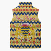 Chad Christmas Sleeveless Puffer Jacket with Yellow-Blue Geometric Design, National Coat of Arms, and Festive Motif - Wonder Print Shop