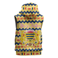 Chad Christmas Sleeveless Zip Hoodie with Yellow-Blue Geometric Design, National Coat of Arms, and Festive Motif - Wonder Print Shop