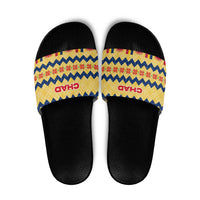 Chad Christmas Slide Sandals with Yellow-Blue Geometric Design, National Coat of Arms, and Festive Motif - Wonder Print Shop