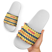 Chad Christmas Slide Sandals with Yellow-Blue Geometric Design, National Coat of Arms, and Festive Motif - Wonder Print Shop