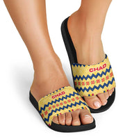 Chad Christmas Slide Sandals with Yellow-Blue Geometric Design, National Coat of Arms, and Festive Motif - Wonder Print Shop
