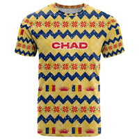Chad Christmas T Shirt with Yellow-Blue Geometric Design, National Coat of Arms, and Festive Motif - Wonder Print Shop